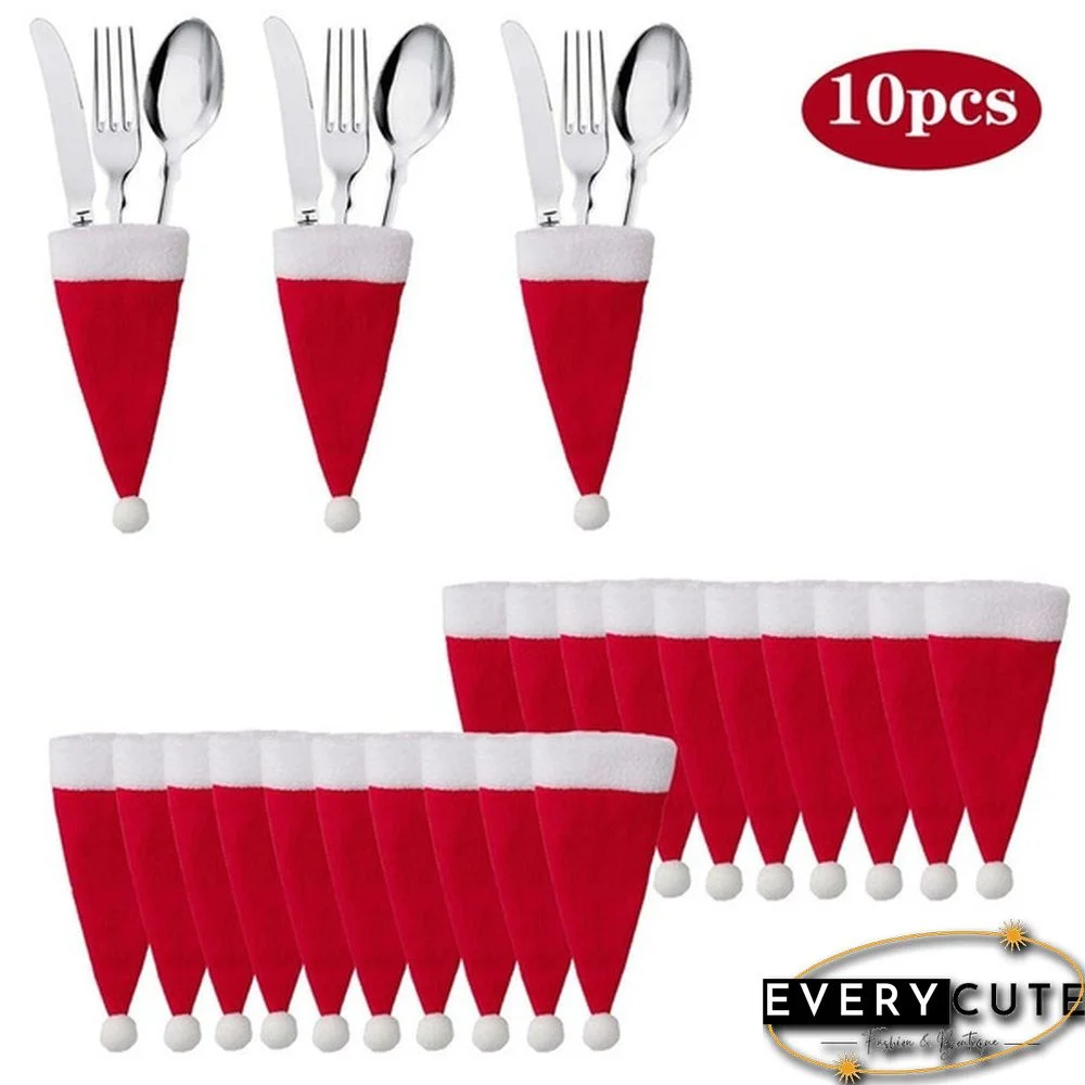 10Pcs/Set Mini Christmas Decoration Santa Hats Knife Fork Silverware Holders For Lollipop Xmas Party Dinner Organizers Decorations Supplies