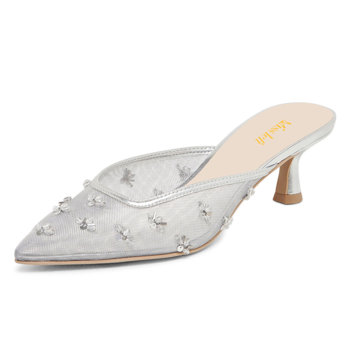 Silver Sequined Flower Low Kitten Heel Slip-On Mules Shoes Nicepairs
