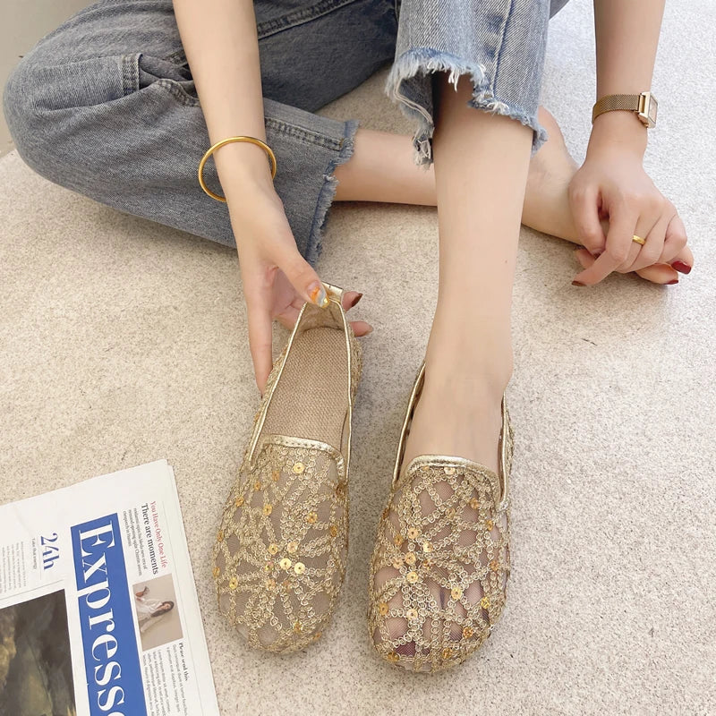 LANFUBEISI Hollow Lace Flat Shoes Women Summer Slip on Loafers Breathable Shoes Ladies Shoes Casual Fashion Black Sneakers LANFUBEISI