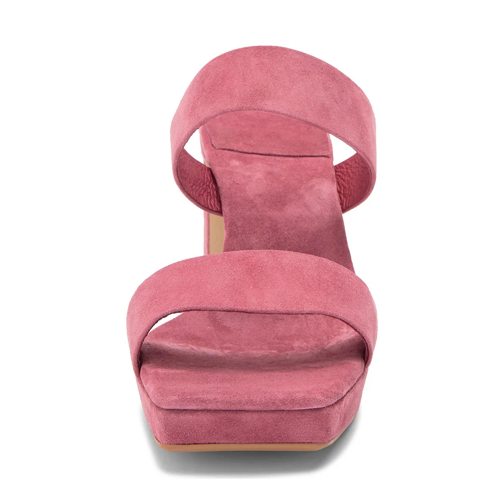 Pink Square Toe Chunky Heel Two Strap Slide Sandals with Platform