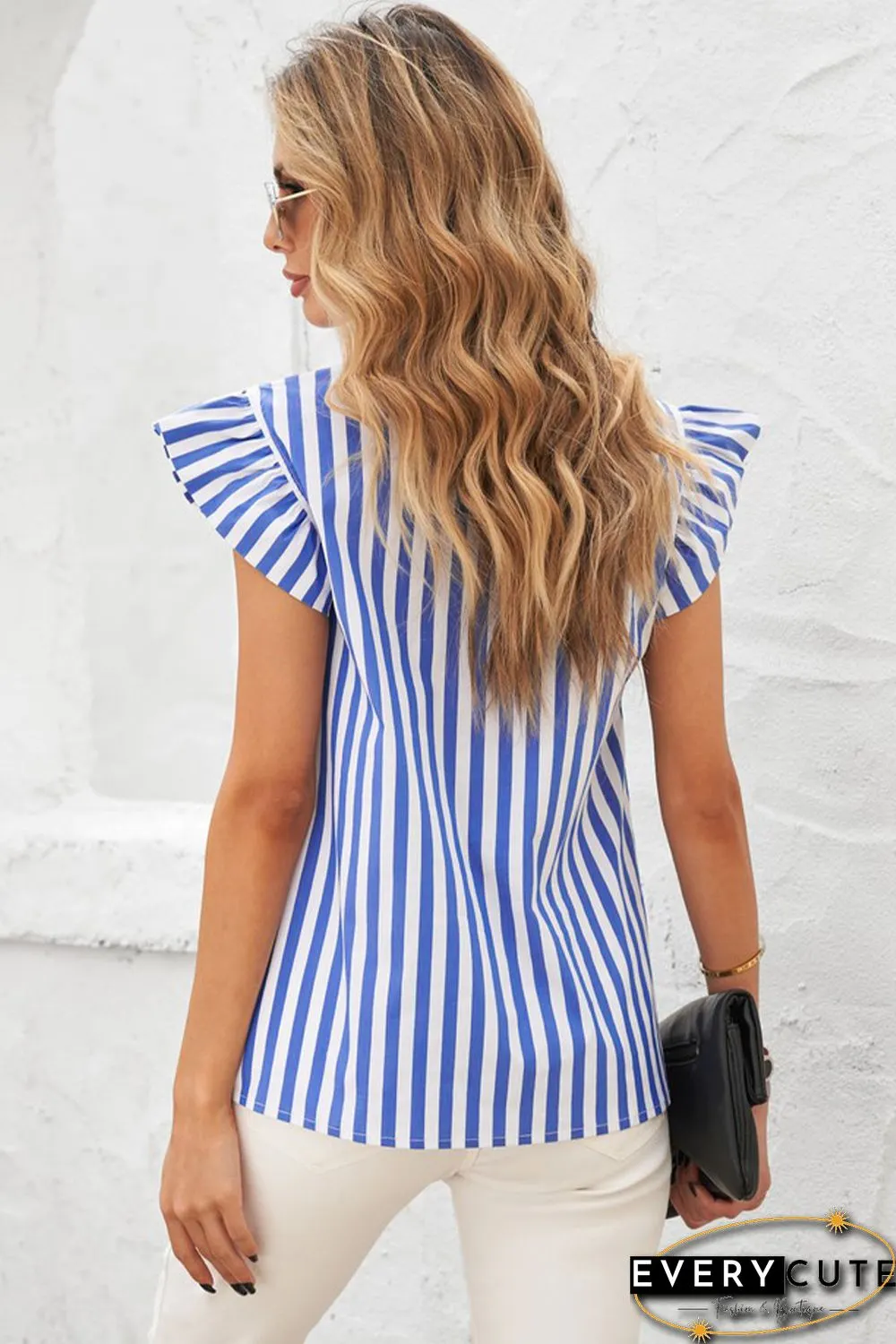 Sky Blue Striped Buttoned Ruffled Sleeve Blouse