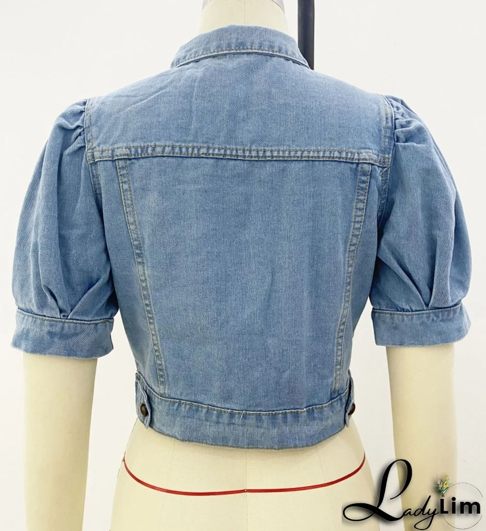 Fashion Button Up Short Sleeve Half Puff Sleeve Women Denim Jacket