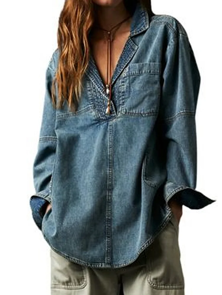 Casual Turndown Collar Chest Pocket Loose  Blouse