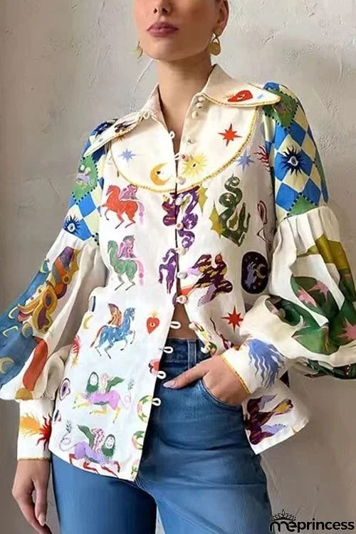 Single-Breasted Lapel Collar Printed Balloon Sleeve Shirt