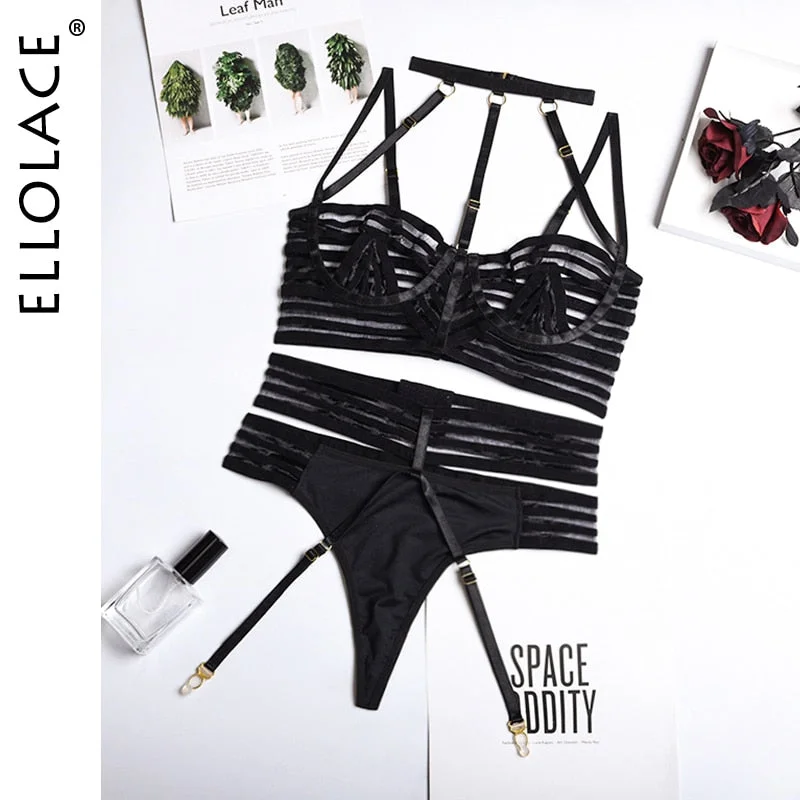 Ellolace Erotic Sensual Lingerie Strip Hollow out Underwear Sissy Set Women 3 Piece Transparent Tempt Hot Sexy Outfit Brief Sets