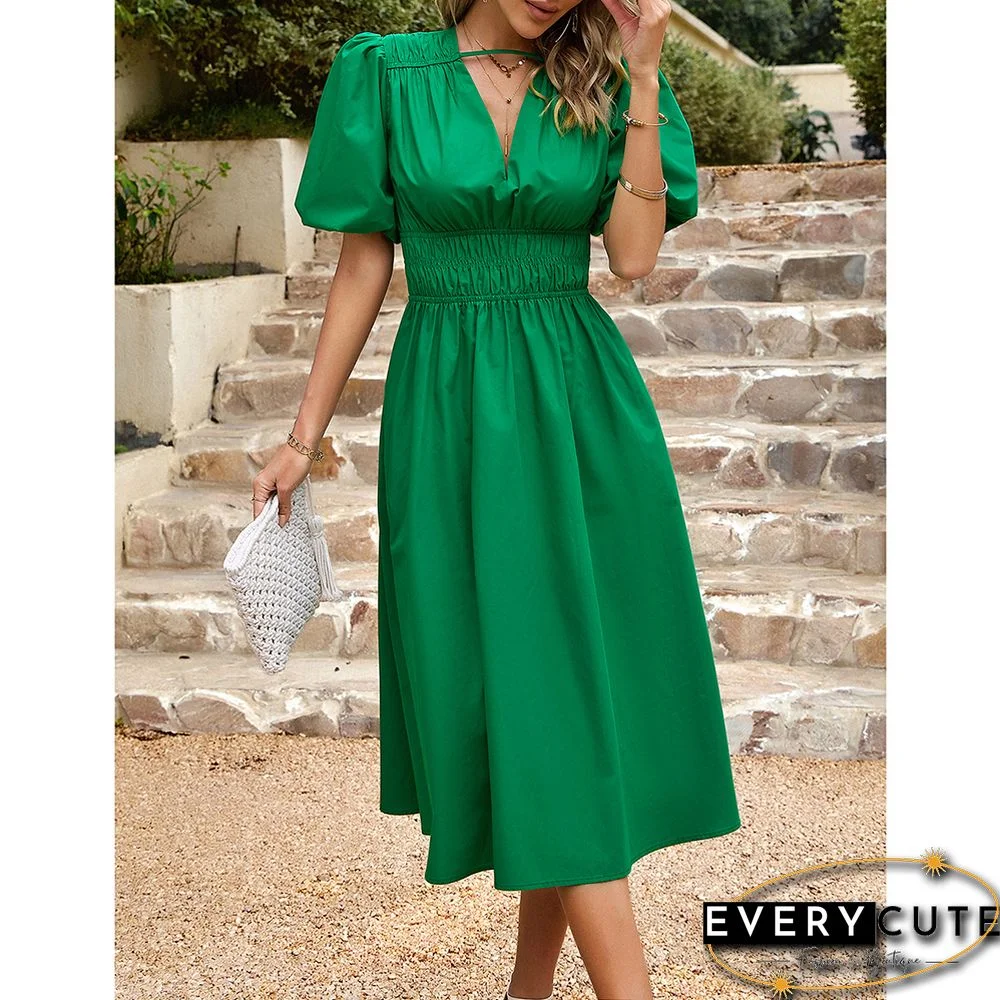 Green Solid V Neck Pleated Waist Midi Dress