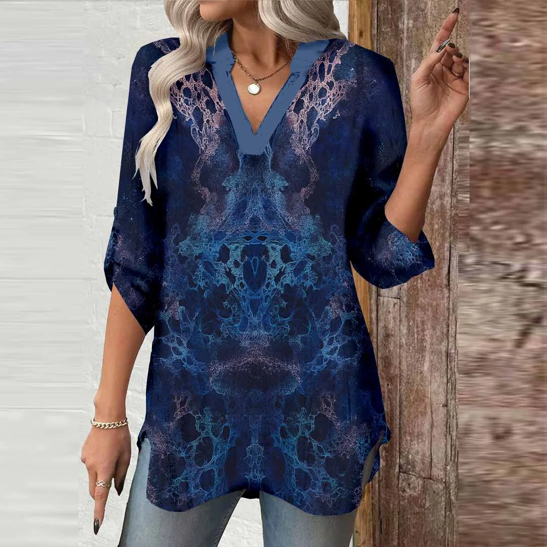 Women Black, Blue, Bohemian DZGA0404 3/4 Sleeve V-neck Printed Graphic Button Tops