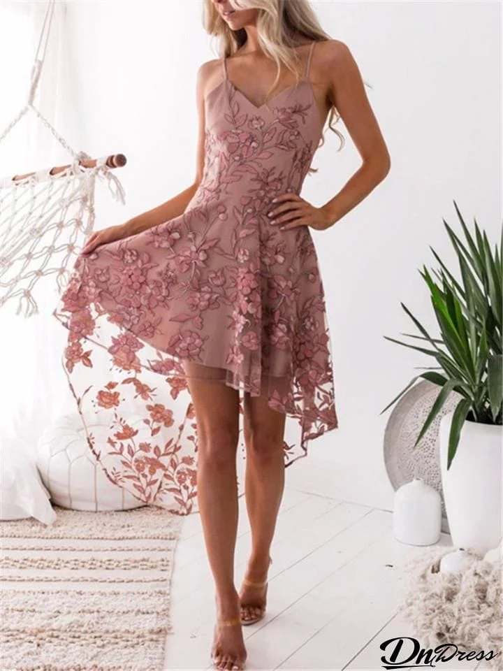 Pink Spaghetti Strap Floral Lace Asymmetrical Dress