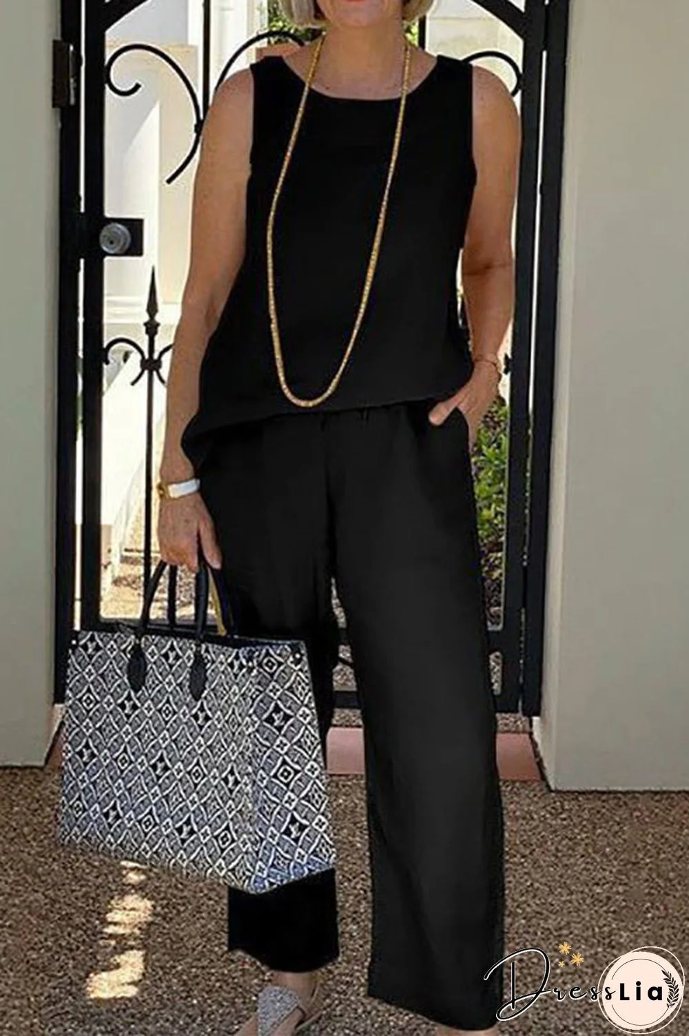 Solid O Neck Tank Pants Set