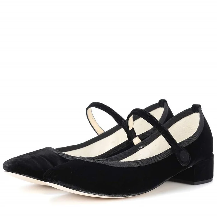 Black Velvet Mary Jane Shoes Round Toe Chunky Heel Pumps |FSJ Shoes