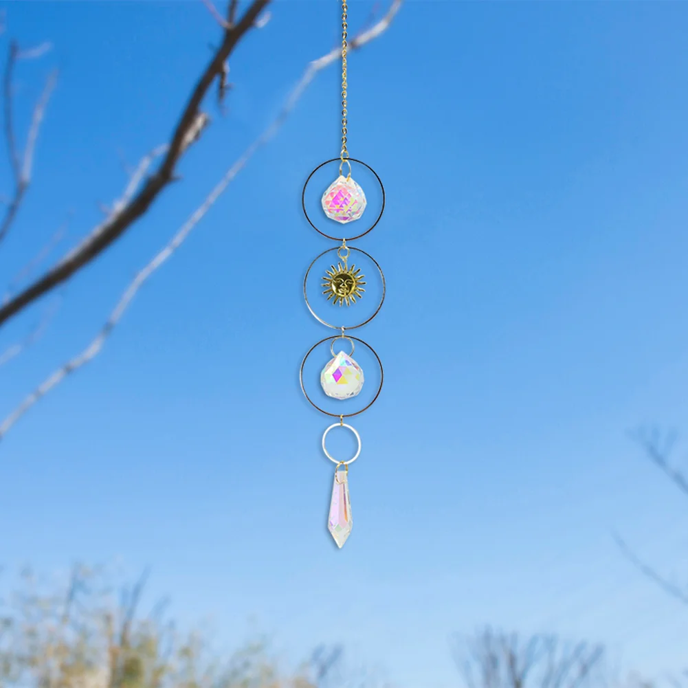 Crystal Wind Chime Star Moon Pendant Colorful Beads Hanging Drop Decor (A)