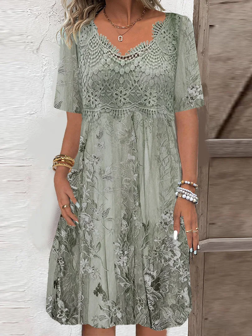 Women Half Sleeve V-neck Solid Color Dress