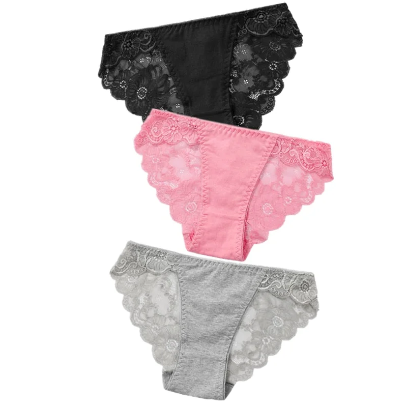 3pcs Exotic Apparel Sexy Panties Lace Briefs Women Low-Rise Solid Panty Underwear Sexy Women Lace Breathable Hip-lift Underpants