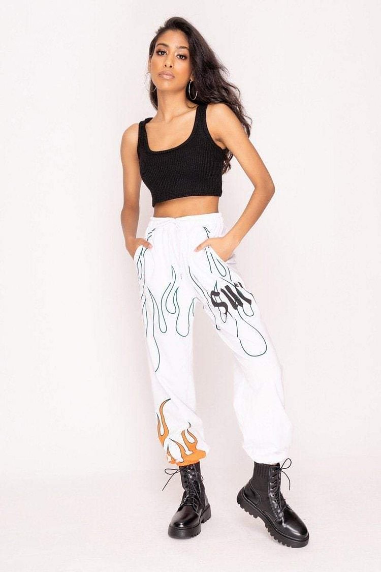 White Flame Print Cuffed Hem Joggers 