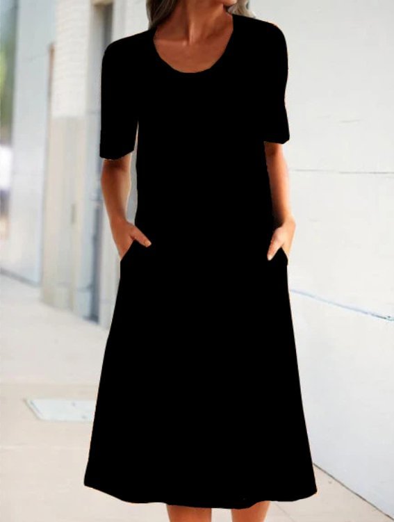 Short Sleeve Solid Cotton-Blend Crew Neck Dresses Zaesvini