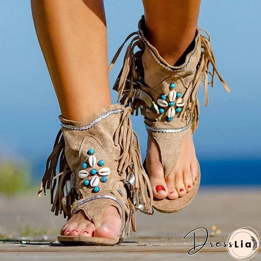 Retro Women Fringe Flower Wedges Shoes Solid Flock Beach Casual Sandals Women Summer Flip Flop Sandals