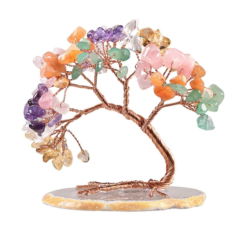 Creative Curved Quartz Crystal Lucky Money Tree with Faux Agate Slice Base Feng Shui Bonsai Reiki Healing Gemstone Figurine