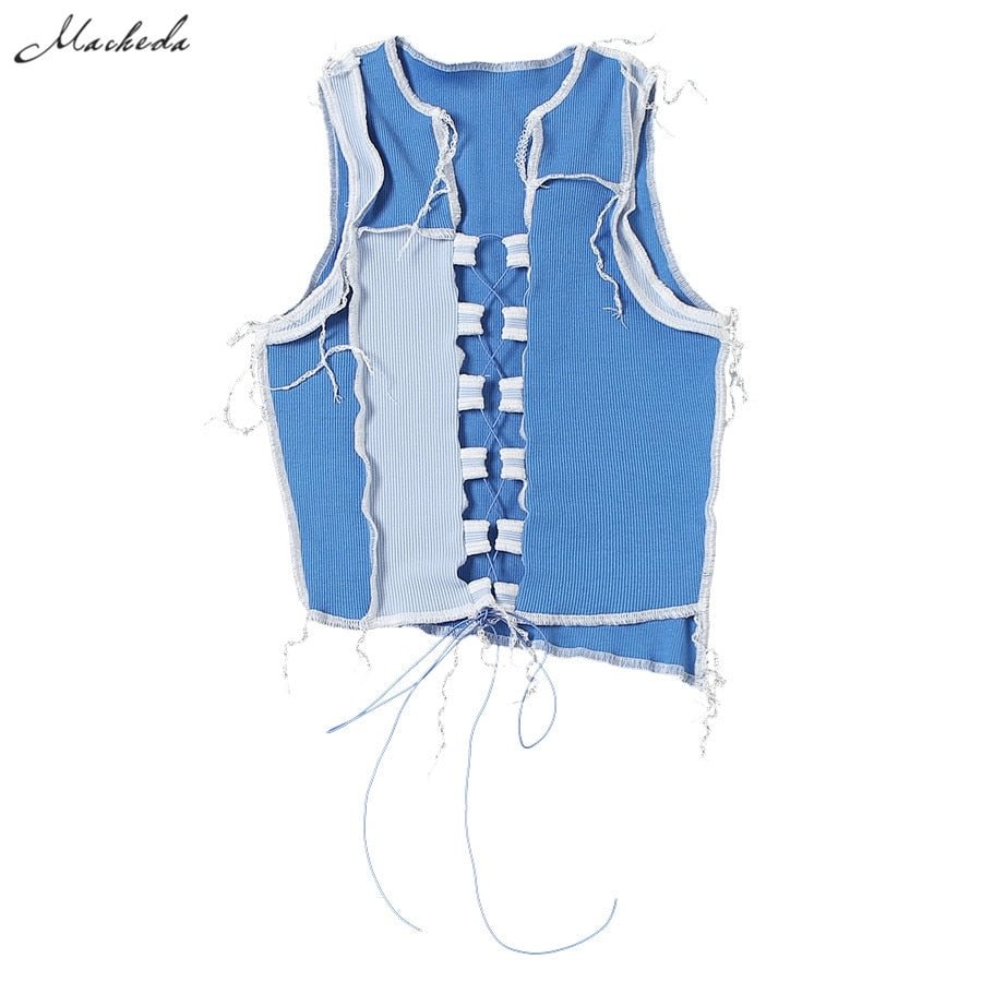 Macheda Blue Sexy Hollow Out Crop Top Women Sleeveless Lace Up Slim Tops Streetwear Casual Tank Top Lady Fashion Clothing 2020