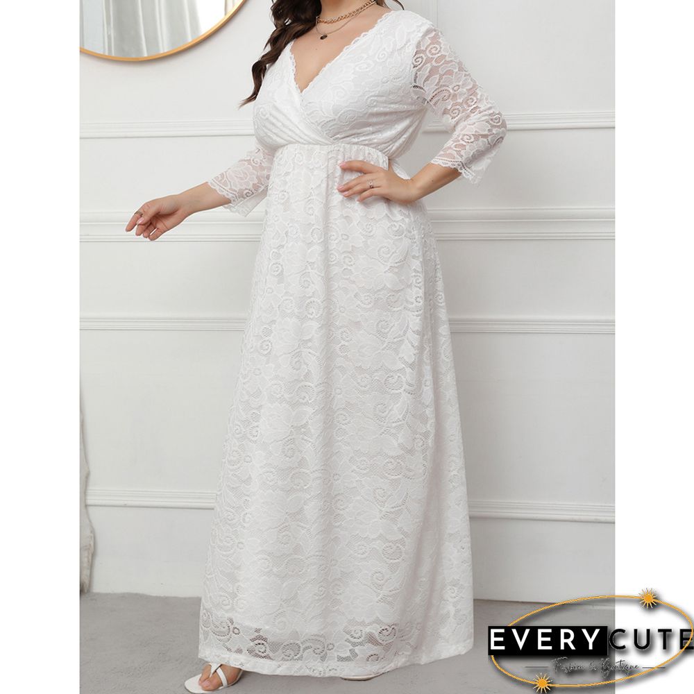White V-Neck Lace Plus Size Dress