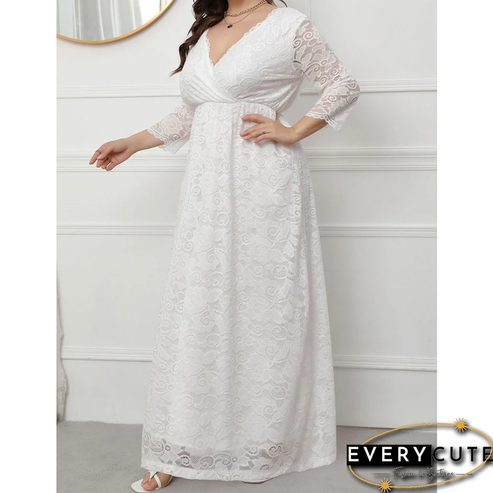 White V-Neck Lace Plus Size Dress