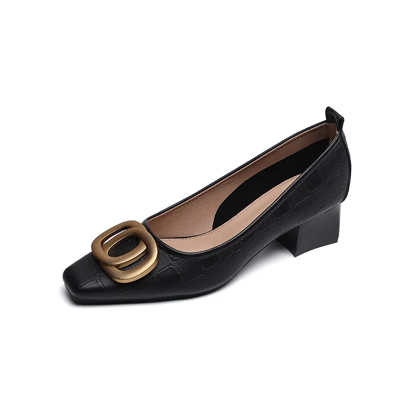 Yyvonne Size 34-43 Women Boat Shoes Metal Pumps Med Heels Dress Shoes Embossing Leather Shallow Shoes Female Office tacones 1120N