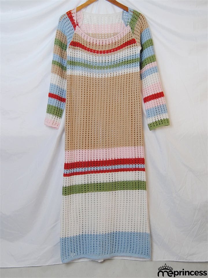 New Stylish Multi Striped Hollow Out Bodycon Long Crochet Dresses