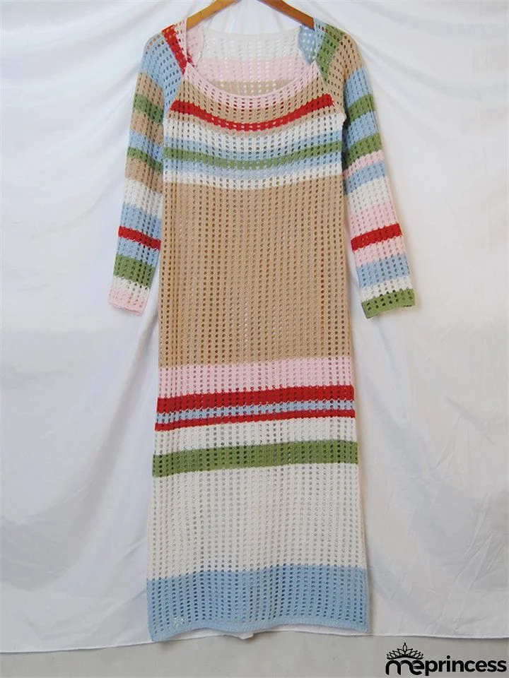 New Stylish Multi Striped Hollow Out Bodycon Long Crochet Dresses