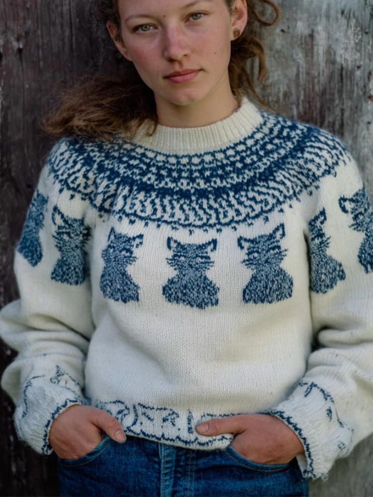 Women's Vintage Art Cat Round Neck Long-sleeved Sweater elevenforest