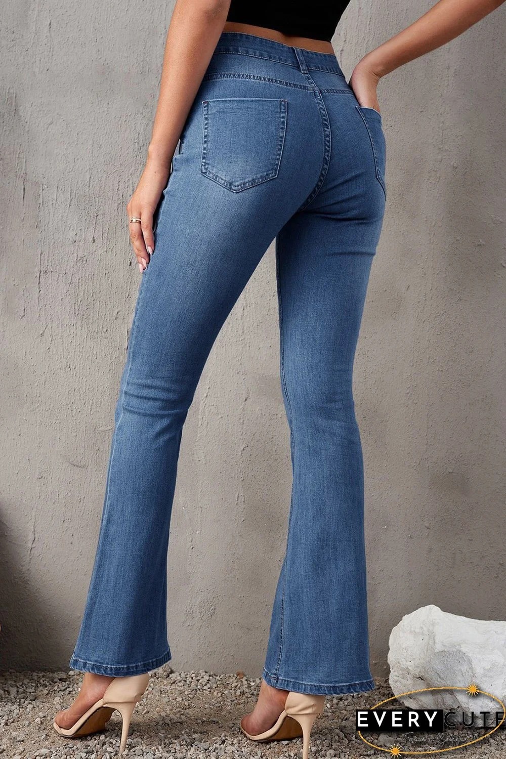 Sky Blue MAMA Stars Print High Waist Bell Bottoms Jeans