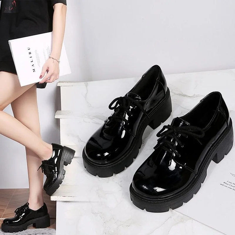 Trifle shoes small leather shoes women's 2021 spring and autumn thick-soled lace up British style student shoes platform heels
