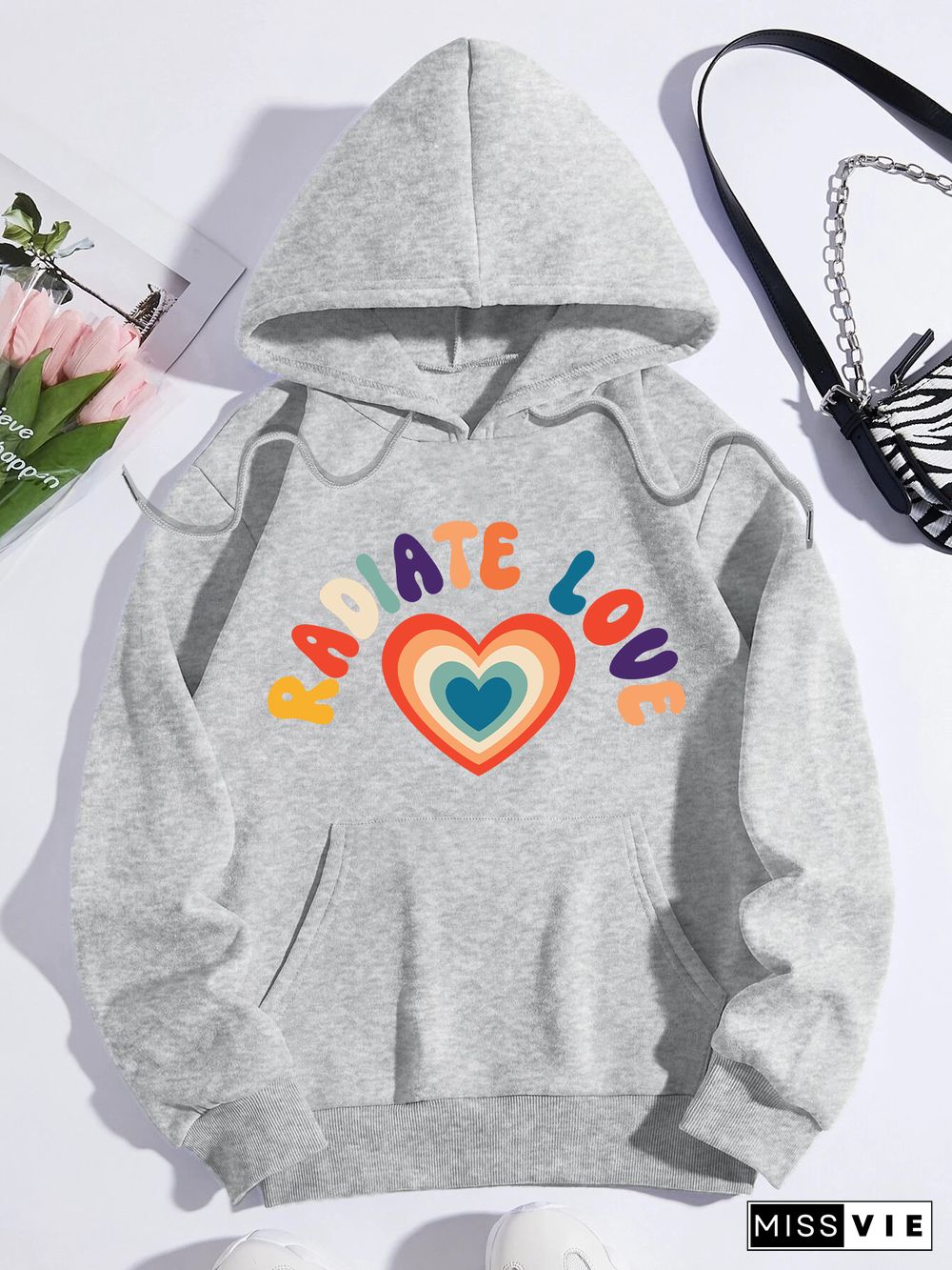 Printed on front Kangaroo Pocket Hoodie Long Sleeve for Women Pattern radiate love