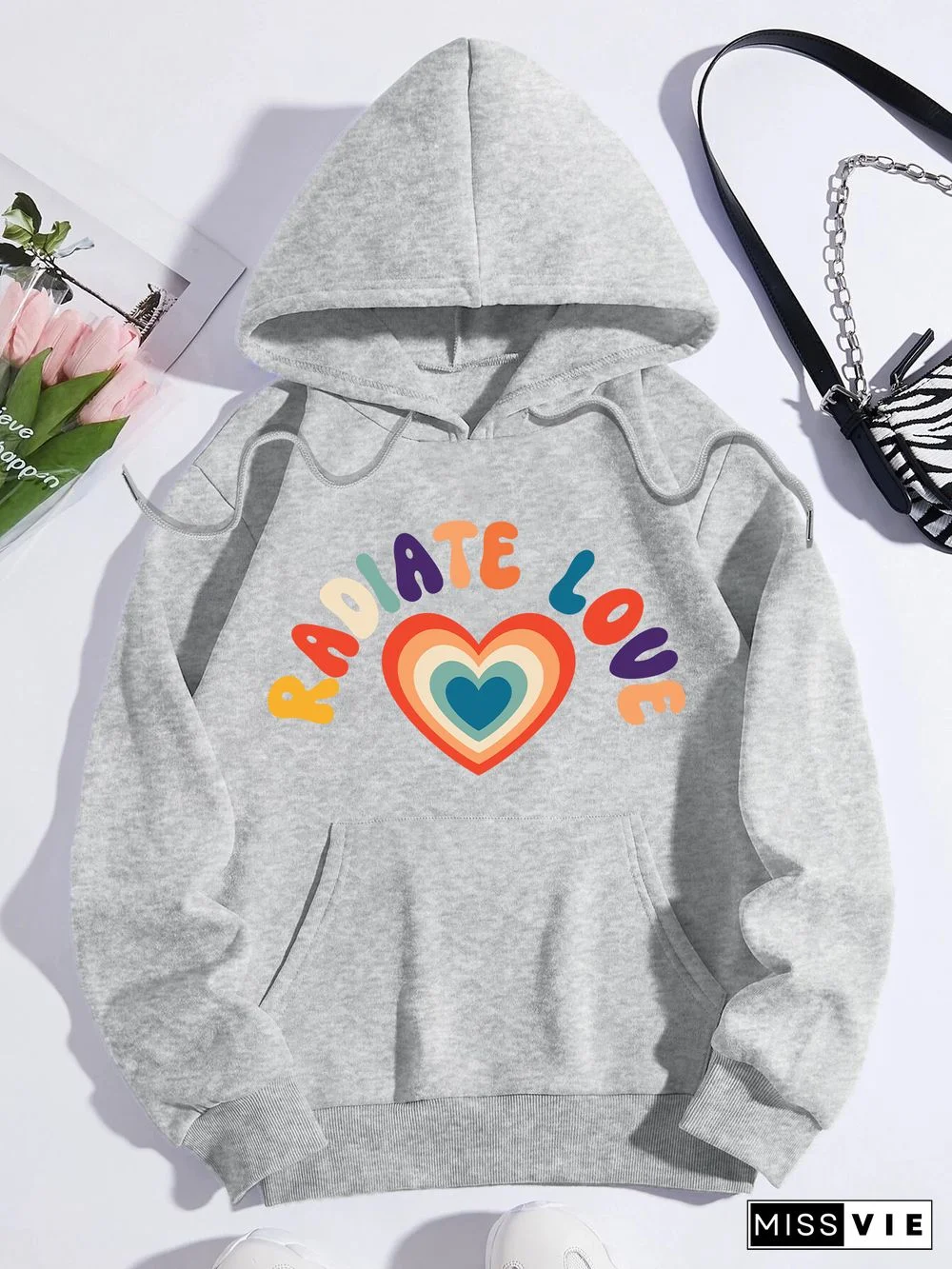 Printed on front Kangaroo Pocket Hoodie Long Sleeve for Women Pattern radiate love