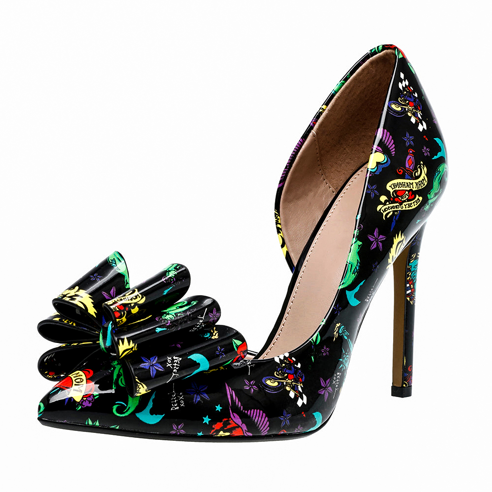 Black Patent Leather Colorful Printed D'Orsay Pumps Heels with Bow Nicepairs