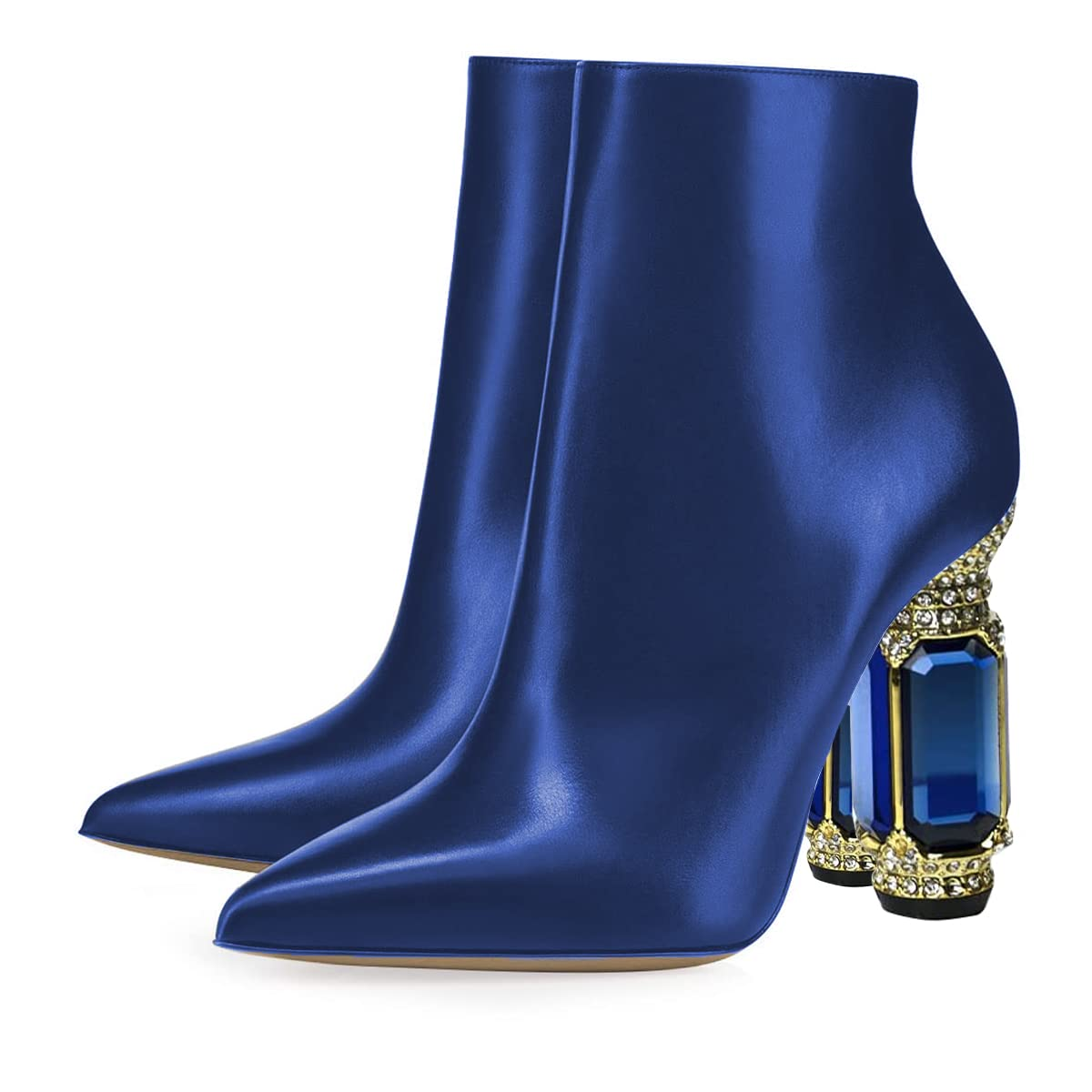 Navy Pointed Toe Rhinestone Decorative Heel Booties for Women Nicepairs
