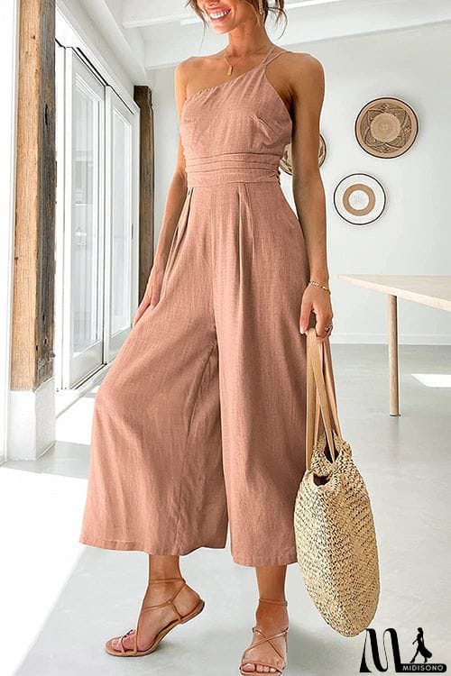 MidiSono - One Shoulder Straps Wide Leg Jumpsuits