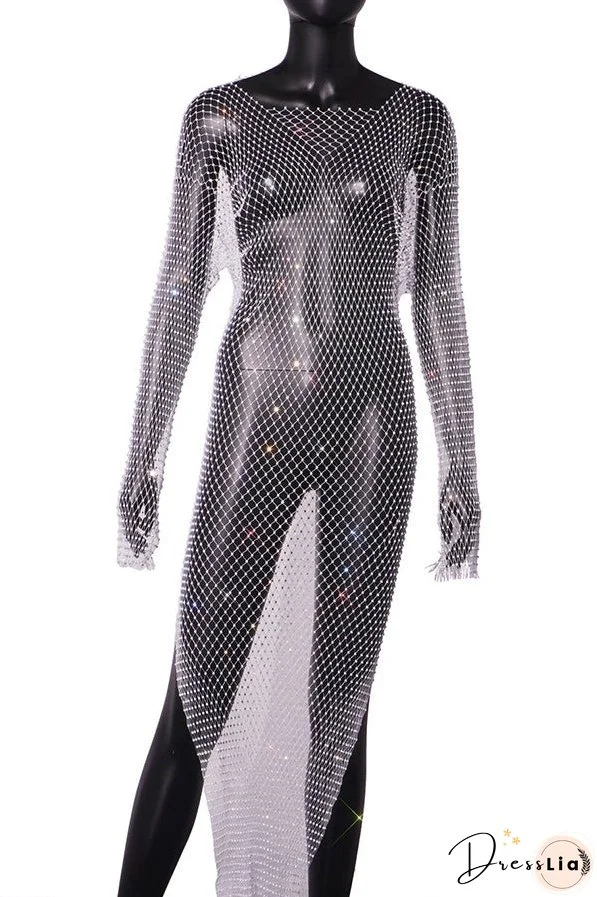 Best Layering Items Diamond Mesh Wide Neck Long Sleeve Slit Cover-up Maxi Dress