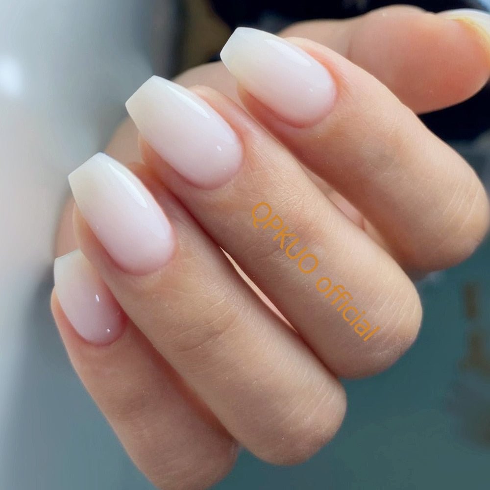 24Pcs Shiny Artificial Fake Nails With Jelly Glue Off White Short Ballerina Coffin False Nails Press On Finger Tip Manicure Tool