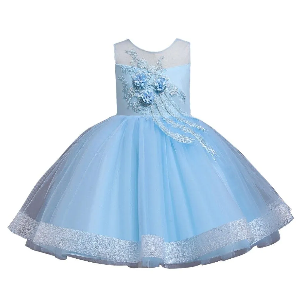 Child Blue Temperament Flower Wedding Dress for Kids of 2-6 Years Old Baby Girls Clothing Designs Round Neck Sleeveless