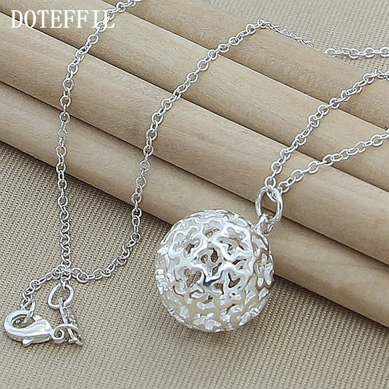DOTEFFIL 925 Sterling Silver 18 Inch Chain Hollow Round Ball Pendant Necklace For Woman Jewelry