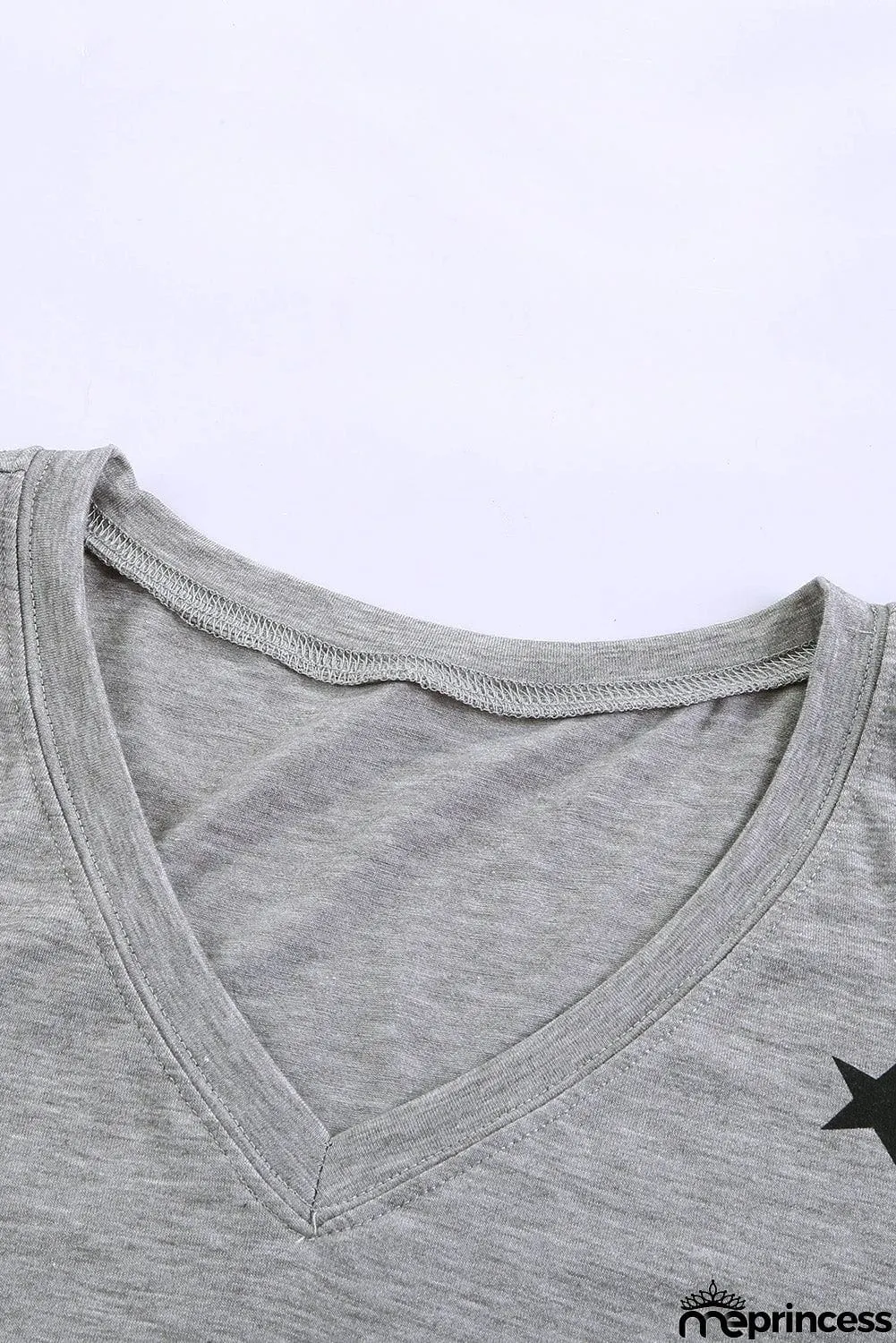 V Neck Stars Print Gray T-shirt