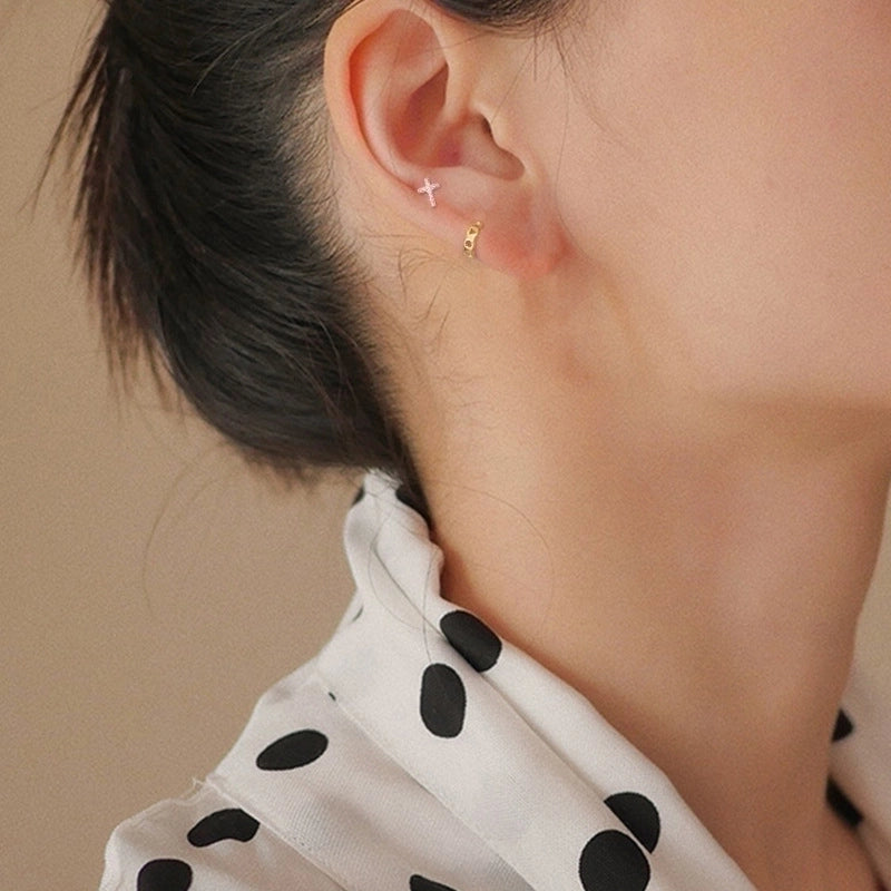 1 Pair Minimalist Cross Sterling Silver Artificial Gemstones Ear Studs