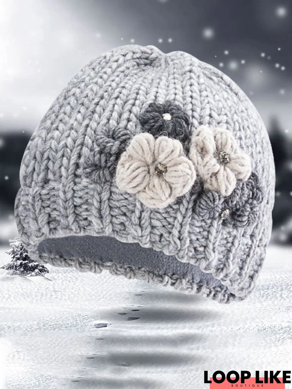 Grey Appliquéd Knit Hat