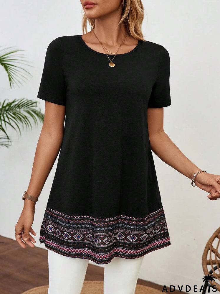 Geo Print Round Neck Tee For Summer