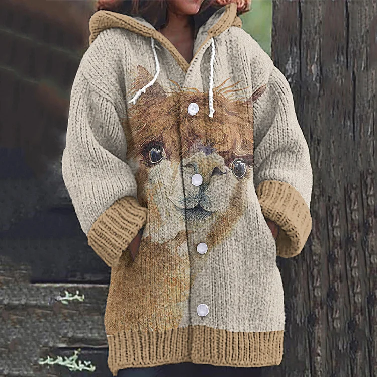 VChics Alpaca Print Knitted Hooded Sweater Cardigan