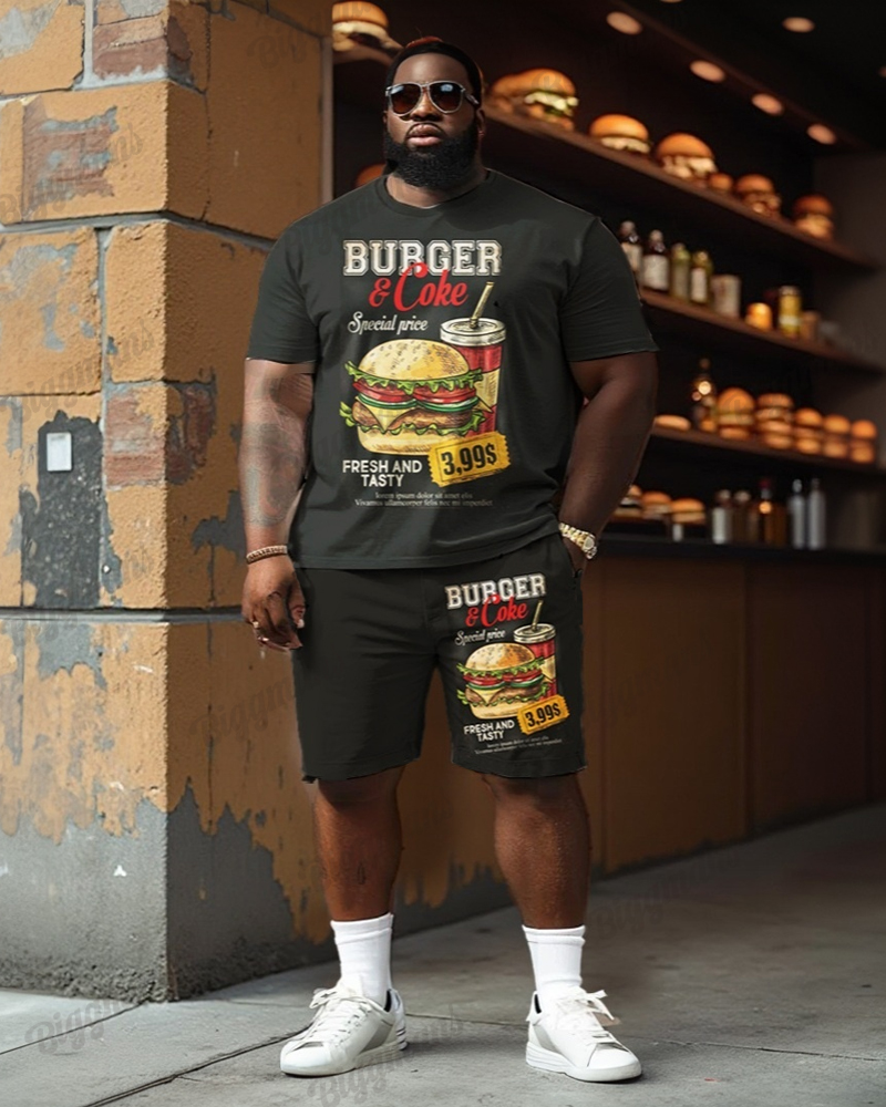 Men's Plus Size Retro Burger Printed T-shirt Shorts Suit
