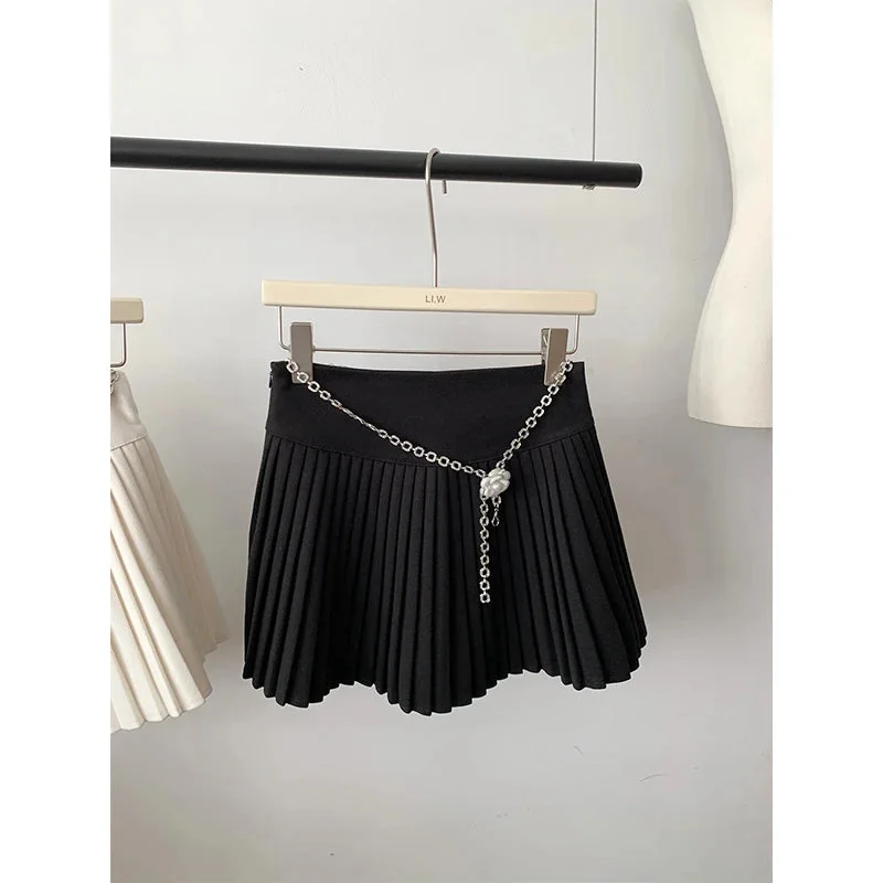 Huiketi Women's Apricot Pleated Skirt High Waist A-line Mini Skirt Streetwear 90s Vintage Black Skirt Harajuku Fashion Y2k 2000s Clothes