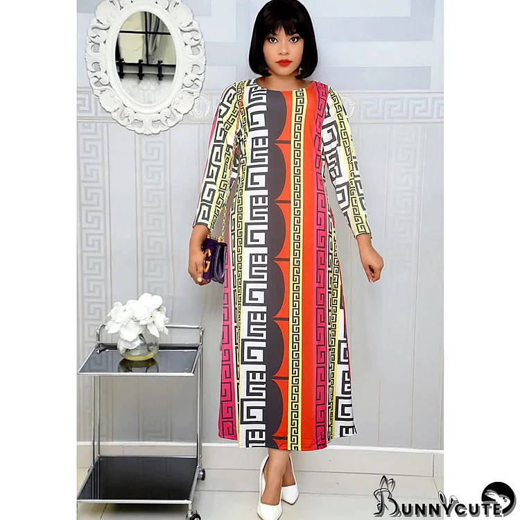 Plus Size Women Africa Printed Round Neck Dress