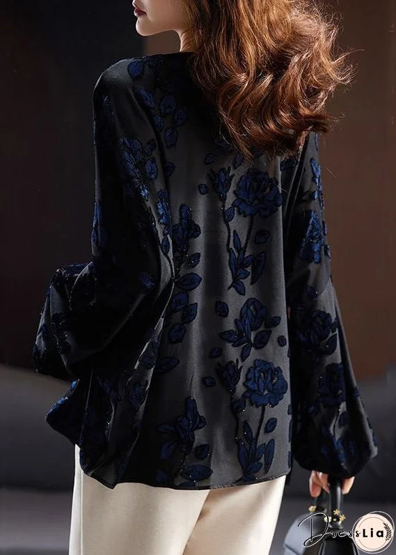 Loose Black V Neck Embroideried Button Velour Top Long Sleeve