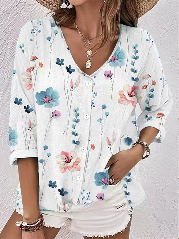 Long Sleeved V Neck Flower Collar Blouse