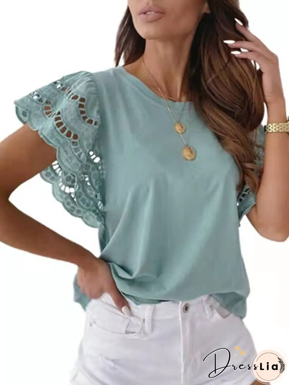 New Spring Summer T-Shirt Womens Round-neck Stitching Lace Feifei Short Sleeve Top Shirts